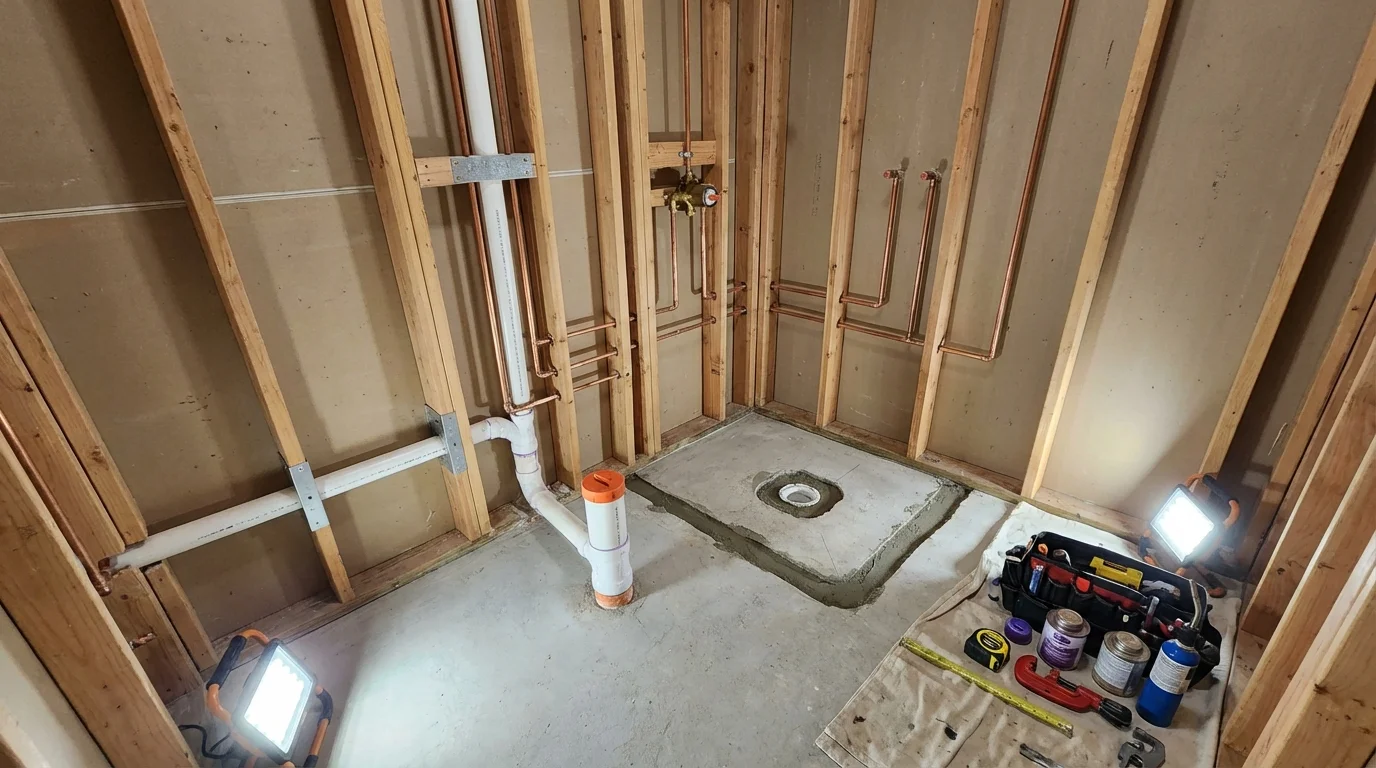 Bathroom rough-in plumbing during remodel by Johns Plumbing LLC in Winchendon