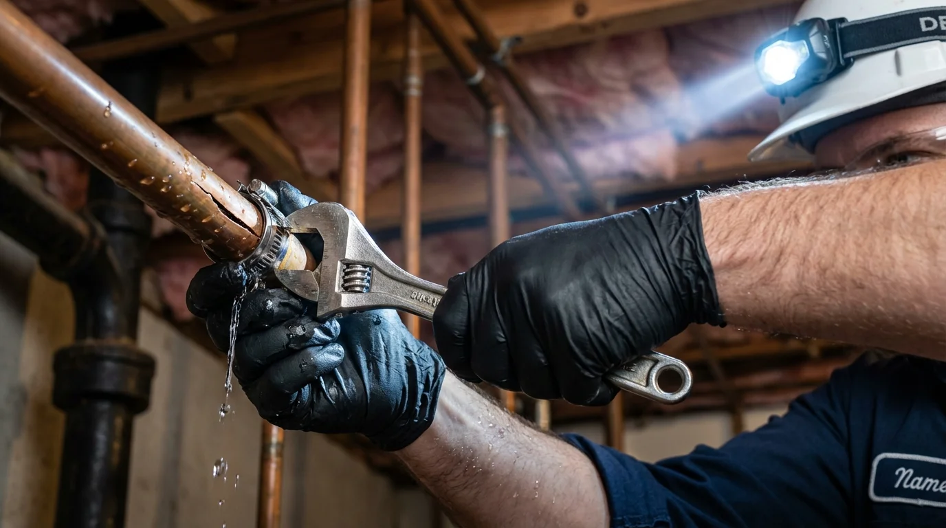 Emergency pipe clamp repair being performed by a Johns Plumbing LLC plumber in Winchendon