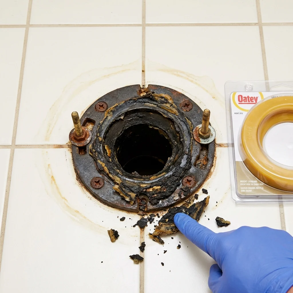 Failed wax ring showing water seepage at the base of a toilet in a Winchendon, MA home