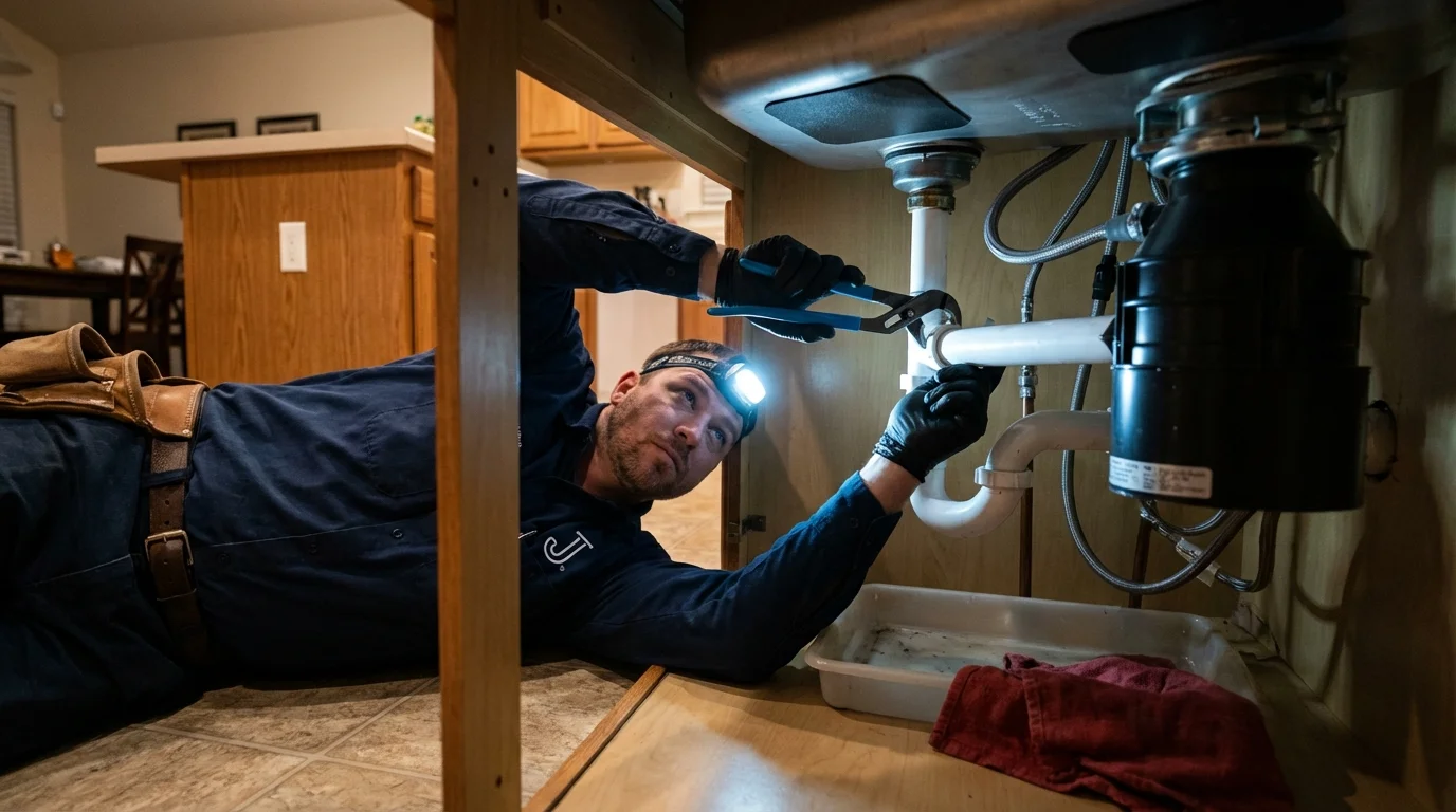P-trap and supply line connections under a kitchen sink showing a common leak point in Winchendon, MA